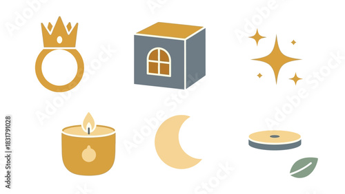 A collection of six simple, flat design icons including a crown ring, a windowed cube, sparkles, a lit candle, a crescent moon, and a disc with a leaf.