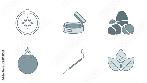 A collection of six minimalist icons representing relaxation, nature, and personal well-being, including a compass, tin, stones, candle, incense, and leaves.