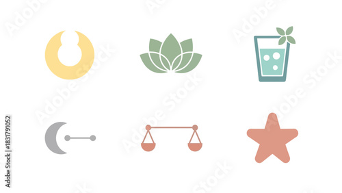 A collection of six pastel-colored minimalist icons including a lotus flower, a drink, a moon constellation, a balance scale, a starfish, and an abstract symbol.