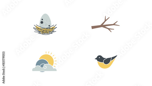 A collection of nature-themed icons featuring a bird's nest with an egg, a tree branch, a sun with clouds, and a small bird.