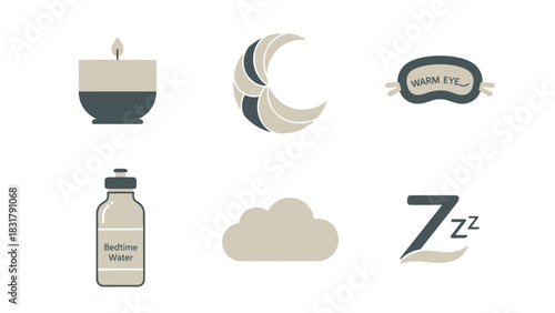 A collection of six flat design icons representing sleep, rest, and nighttime relaxation routines.