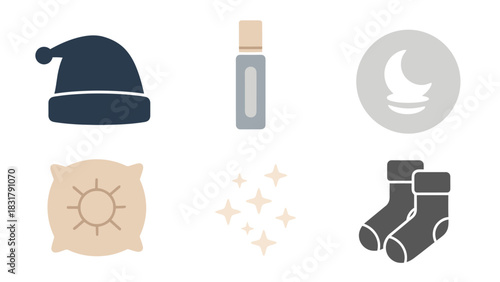 Six flat design icons representing sleep, comfort, and relaxation, including a cap, bottle, moon, pillow, stars, and socks.