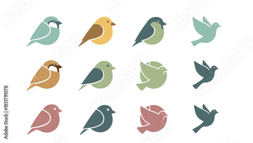 A collection of stylized bird illustrations in various poses and muted colors, featuring standing and flying birds.