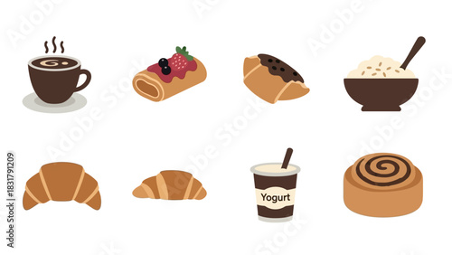 A collection of various breakfast items including coffee, croissants, a crepe, oatmeal, yogurt, and a cinnamon roll.