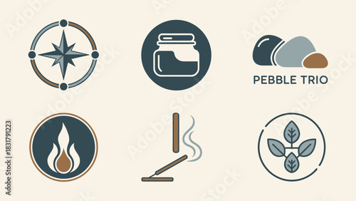 A collection of six minimalist icons featuring a compass, jar, pebbles, flame, incense, and leaves, all in a muted color palette.