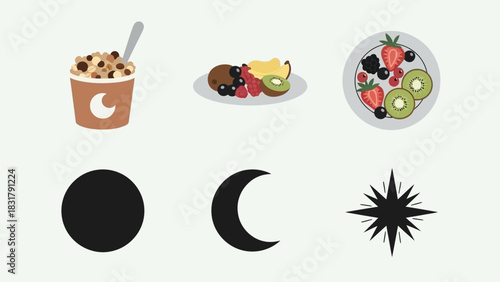 A collection of flat vector icons featuring healthy fruit breakfasts and celestial symbols like the moon and stars.