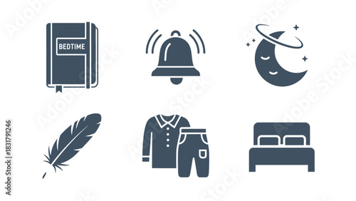 Collection of bedtime and sleep-related icons including a book, alarm, moon, feather, pajamas, and bed.
