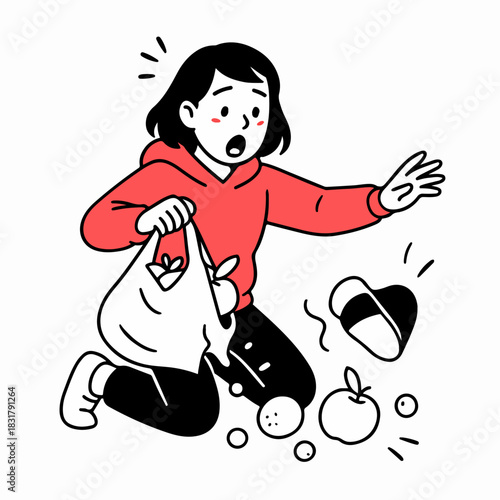 Fotografía Girl with Torn Shopping Bag Dropping Groceries on Floor Slice of Life Illustrati