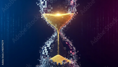 Hourglass with water and light emanating symbolizing time flow and transience