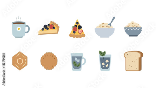 A collection of breakfast foods and drinks, including pie, pizza, cereal, cookies, tea, and toast.