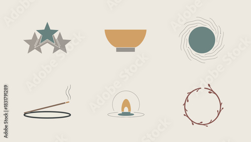 A collection of six minimalist icons representing spiritual, meditative, and natural elements, including stars, a bowl, a vortex, incense, a candle, and a wreath.