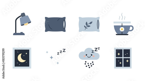 A collection of flat design icons representing sleep, night, and relaxation, including pillows, a lamp, a teacup, and night sky elements.
