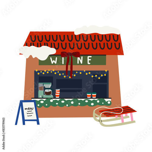 Winter festive Christmas stalls in cartoon groovy style with decorations, wreaths, snow, food and drink. Cozy winter outside retro market, fair interior vector illustration