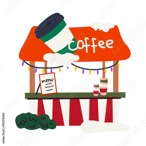 Winter festive Christmas stalls in cartoon groovy style with decorations, wreaths, snow, food and drink. Cozy winter outside retro market, fair interior vector illustration