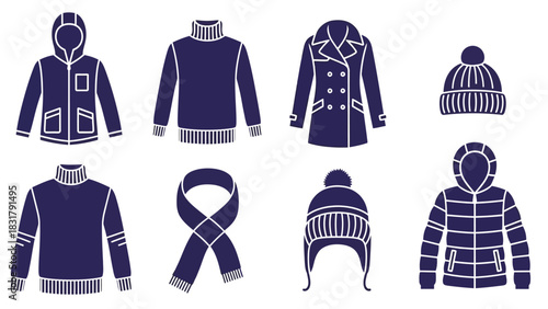 Stylish vector collection of various winter apparel and cold weather clothing icons, including jackets, sweaters, hats, and scarves, perfect for seasonal fashion and protection