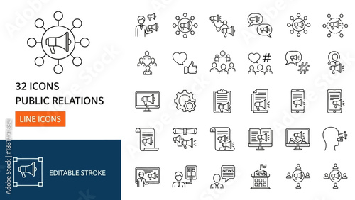 Public Relations Line Icons A Collection of 32 Editable Stroke Icons for Communication and Marketing
