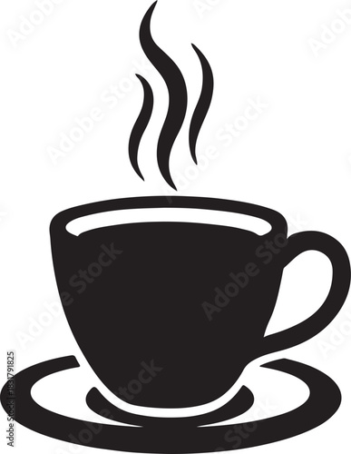 Simple black silhouette of a steaming cup of coffee on a saucer