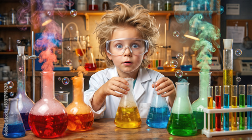 Young boy in a lab coat, surrounded by colorful beakers and flasks, is conducting an exciting chemistry experiment in a classroom setting with vibrant smoke effects