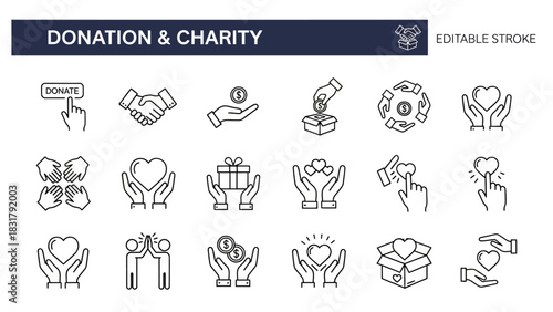 A comprehensive collection of outline vector icons depicting various aspects of donation and charity, illustrating concepts like giving, community support, and philanthropy for digital use