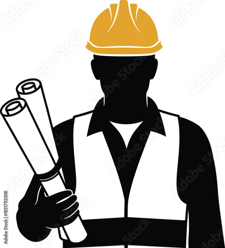 Construction worker holding blueprints silhouette isolated on white background