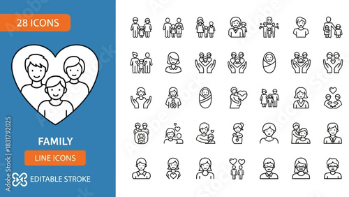 Comprehensive collection of 28 family-themed line icons, depicting various relationships, parenthood stages, children, and generations in modern outline vector graphics for diverse design projects