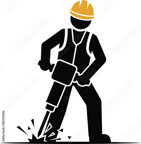 Construction worker using jackhammer silhouette isolated on white background