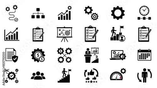 Comprehensive vector icon set depicting modern business management, strategic planning, analytics, and operational success, ideal for professional presentations and projects