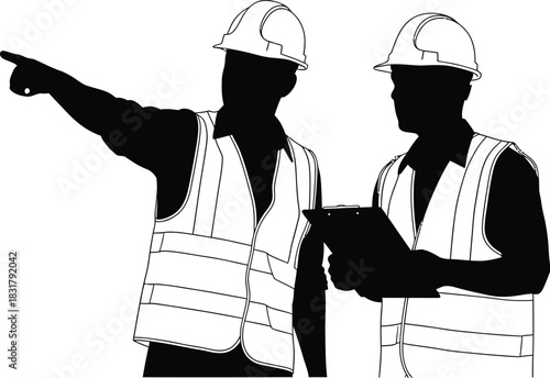 Two construction workers pointing and holding a clipboard silhouette isolated on white background