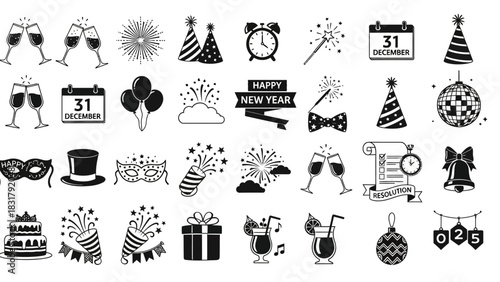 New Year Celebration Icons Collection Festive Party Elements, Countdown, and Holiday Symbols Vector Set for Greeting Cards, Invitations, and Event Designs