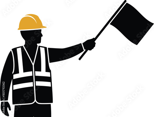 Construction worker holding a flag silhouette isolated on white background