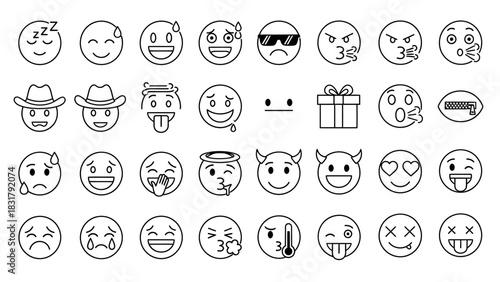 Collection of Diverse Emoji Icons Featuring Various Expressions and Symbols for Digital Communication