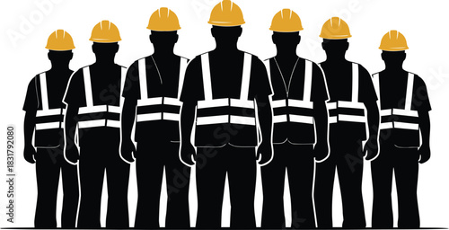 Group of construction workers silhouette isolated on white background