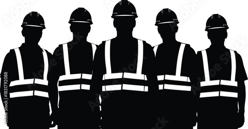 Five construction workers in hard hats and safety vests silhouette isolated on white background