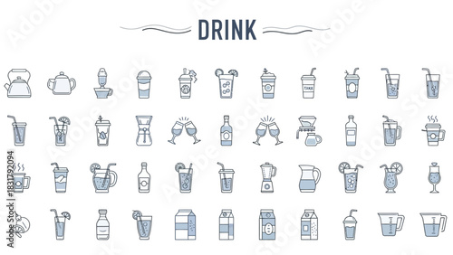 Set of various beverage icons representing different kinds of drinks and drinks-related equipment