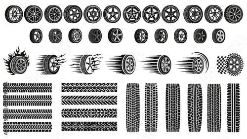Collection of various automotive tires, wheels, and tread patterns on a white background