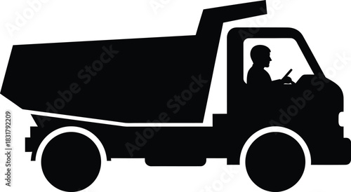 Dump truck silhouette with driver isolated on white background