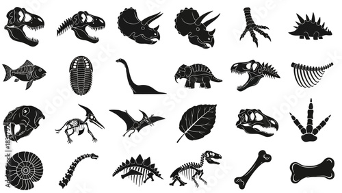 A comprehensive icon sheet featuring various dinosaur and prehistoric fossil silhouettes, including skeletons and skulls for paleontological designs