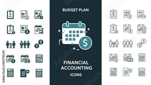 Modern collection of financial accounting and budget planning icons, ideal for business applications, featuring symbols for managing money, tracking expenses, and calculating financial data