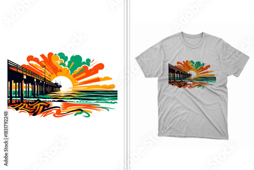 retro sunset pier beach illustration t-shirt design