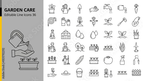 Comprehensive Collection of Editable Line Icons for Gardening and Plant Care Essential Tools, Cultivation, and Horticultural Elements for Nature Enthusiasts