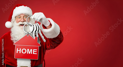 Santa figure holding a large keychain with house shaped tag and home text on a light background, presenting keys in a festive real estate themed concept