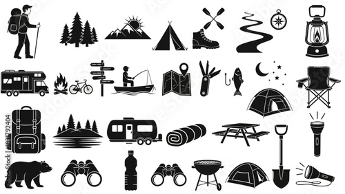 A comprehensive sheet of monochrome icons representing outdoor camping, hiking, and wilderness adventure activities