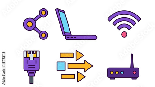 A colorful and comprehensive set of essential networking technology icons, illustrating modern digital communication concepts like Wi-Fi, data transfer, laptops, and internet connectivity elements