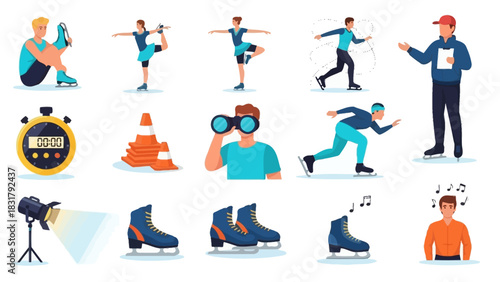 Comprehensive collection of flat design vector icons illustrating ice skating activities, athletes training, winter sports equipment, and coaching elements