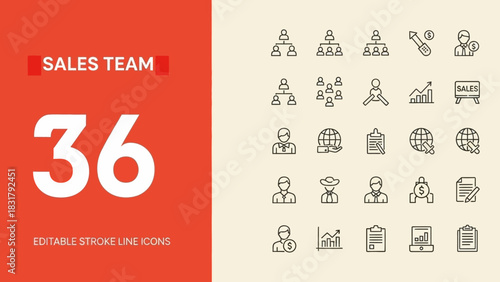 Dynamic collection of editable stroke line icons representing business, sales team, and corporate management concepts, ideal for modern digital projects and visual communication