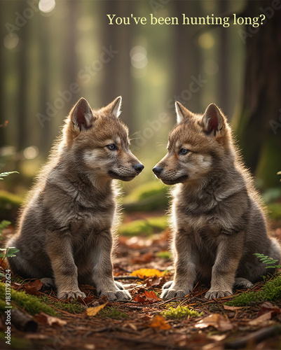 Two wolf pups sitting together