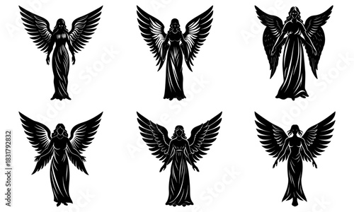 Angelic silhouettes create ethereal beauty and spiritual grace, perfect for symbolic designs, fantasy art, or evocative storytelling; vector origin