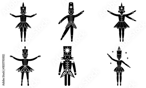 Festive nutcracker figures dancing joyfully, a charming set of holiday characters with vintage toy appeal, perfect for Christmas decorations and seasonal cheer