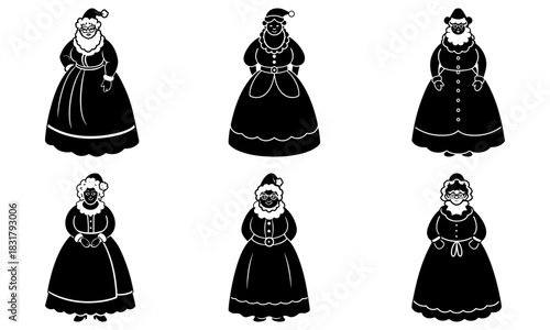 Festive Santa Claus and Mrs Claus silhouettes, perfect for holiday designs, Christmas cards, invitations, and seasonal greetings, scalable vector graphic