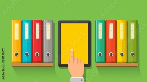 tablet showing file folders, hand tapping screen, modern workflow aesthetics 